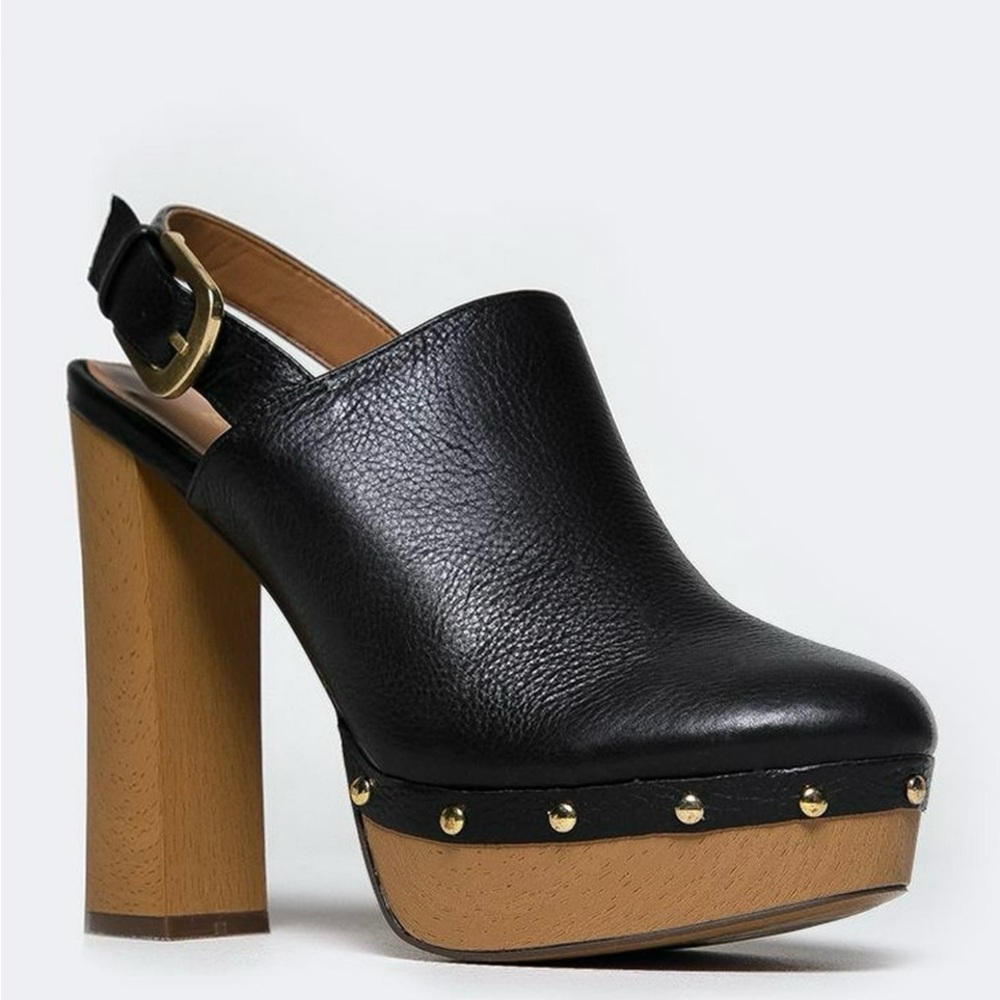 Report Moet Black Gold Rivet Heel Sling Back Mule Clog Heel 7.5M